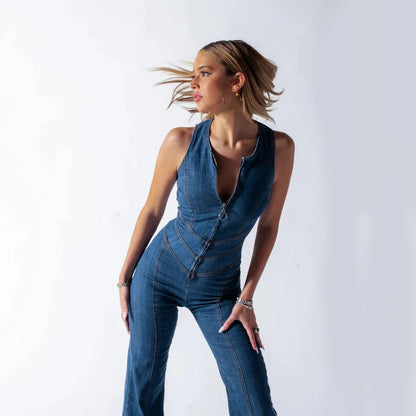 Slim Heart-shape Backless Denim Jumpsuit Women