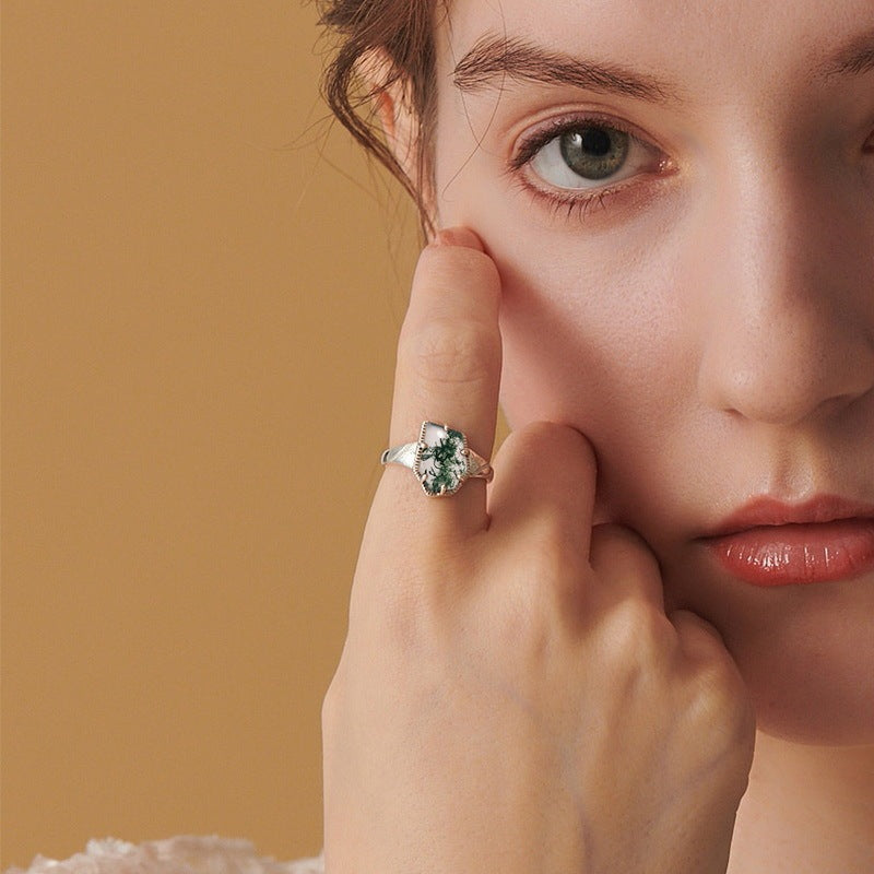 Sterling Silver Irregular Green Moss Agate Ring