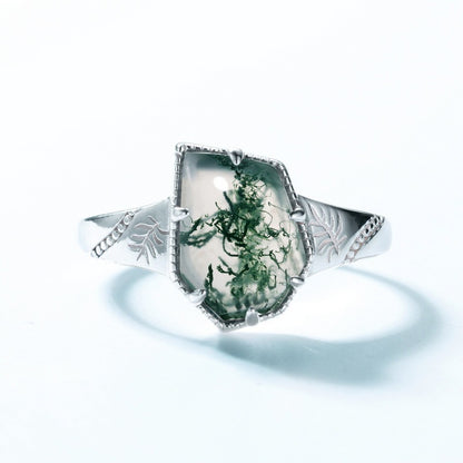 Sterling Silver Irregular Green Moss Agate Ring