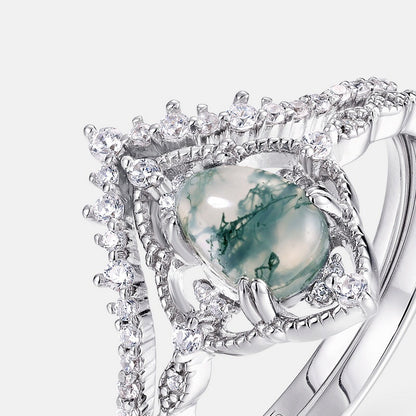 Silver Pear-shaped Moss Agate Twin Finger Ring