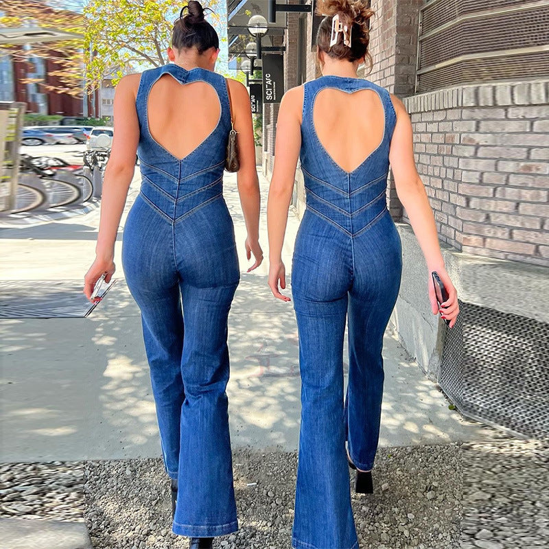 Slim Heart-shape Backless Denim Jumpsuit Women