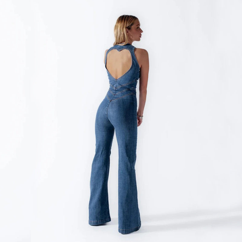 Slim Heart-shape Backless Denim Jumpsuit Women