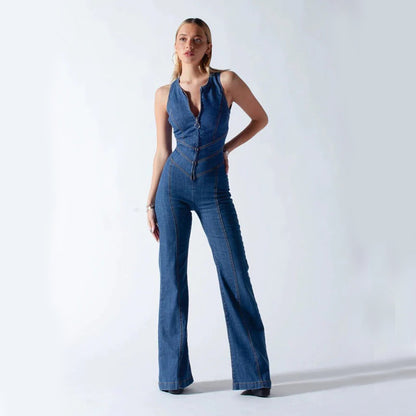 Slim Heart-shape Backless Denim Jumpsuit Women