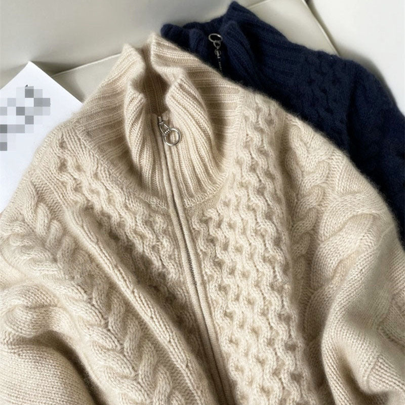 Thick Cashmere Women High Neck Zipper Sweater Cardigan