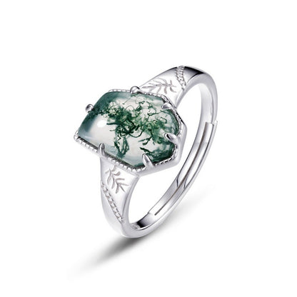 Sterling Silver Irregular Green Moss Agate Ring