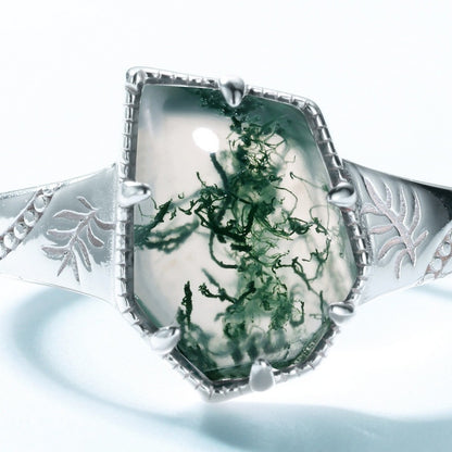 Sterling Silver Irregular Green Moss Agate Ring