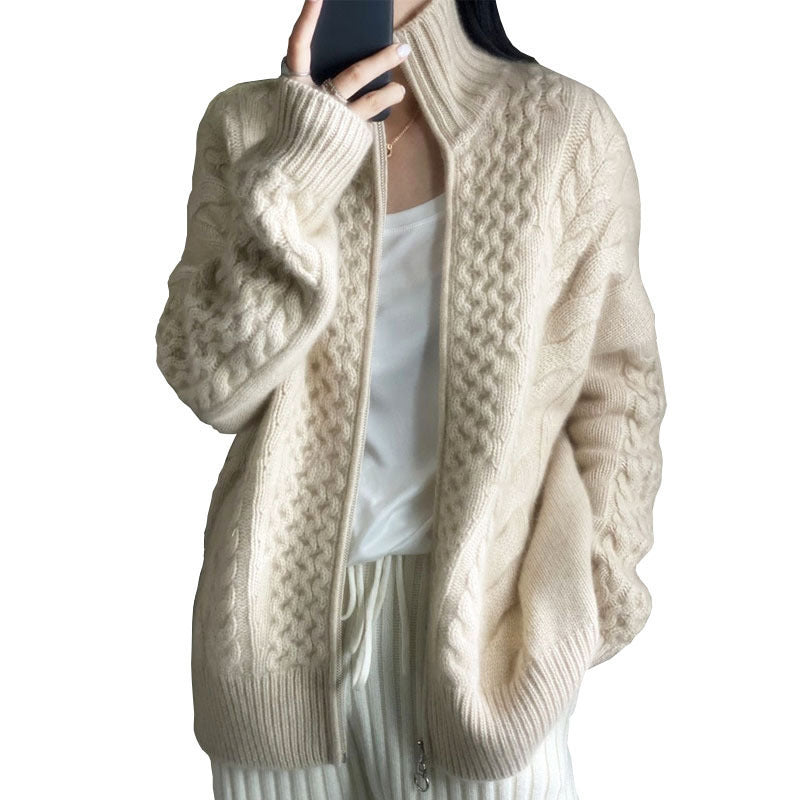 Thick Cashmere Women High Neck Zipper Sweater Cardigan